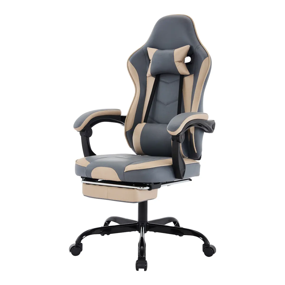 Recliner Gaming Chair for Adults, 360° Swivel Ergonomic Chair with Pull-Out Footrest, Headrest, Massage Lumbar Support, Height Adjustability, Beige+Blue, for Office or Gaming Use