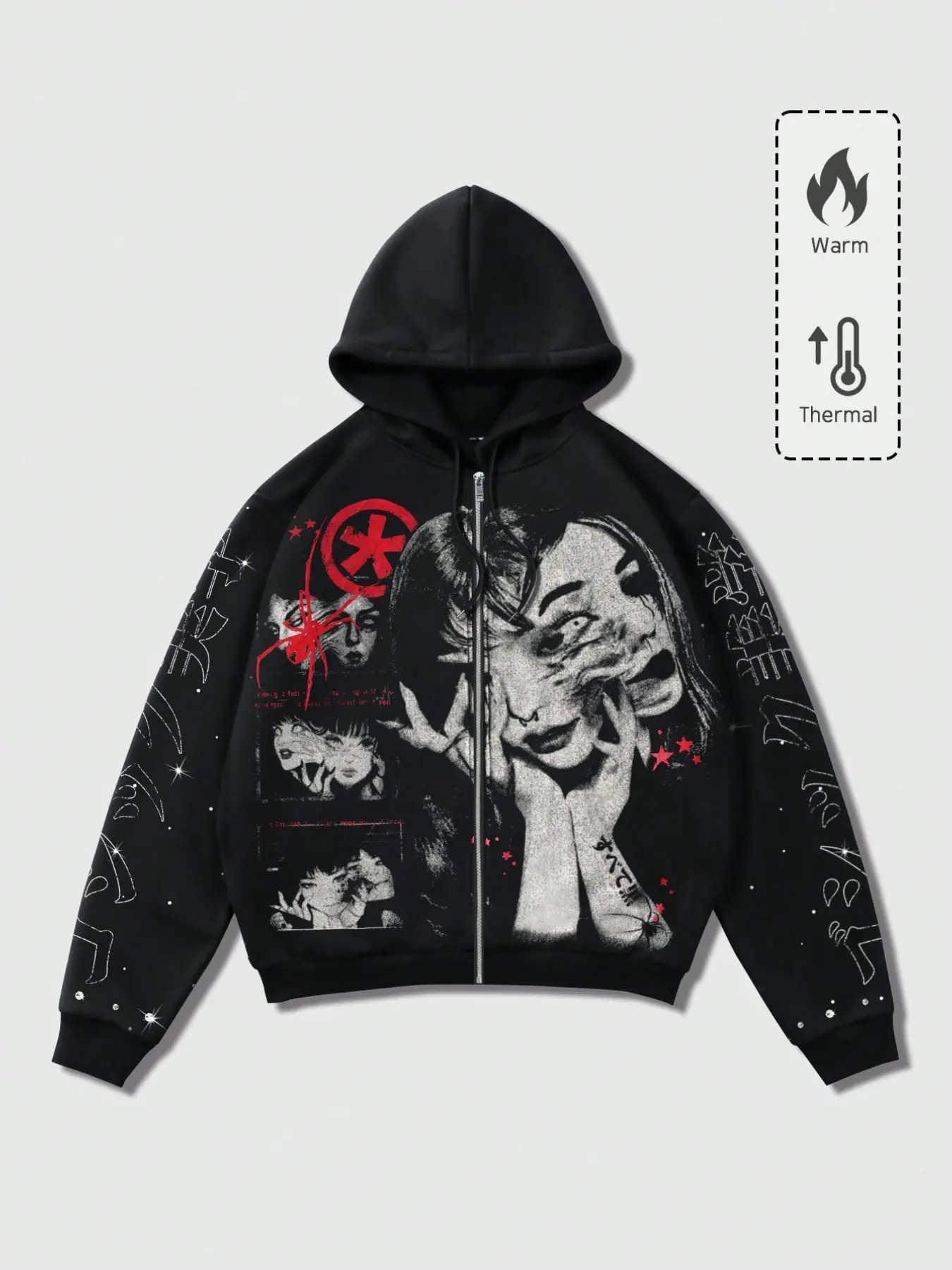 Y2K Dark Style Comic Portrait Print Hoodie, Fashion High Street Warm Zip-Up Sweatshirt, American Vintage Trendy Outerwear, Casual Streetwear, Graphic Hooded Sweatshirt