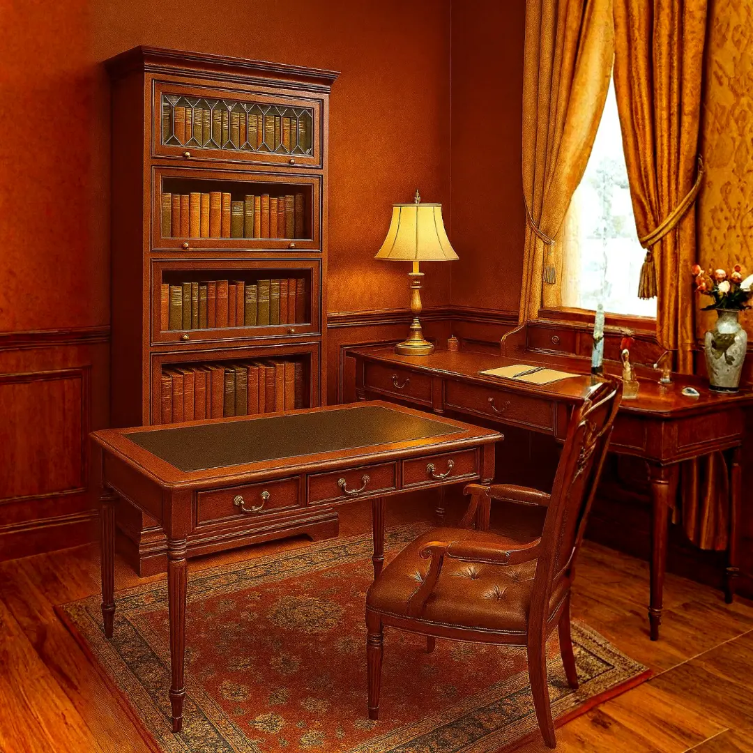 Royalty Vintage Victorian Office Desk - Light Brown Walnut Legacy Leather Top, Mahogany Wood-Metal Construction, 51.25w x 27.5d x 29.5h, Carved Legs, With Drawers, Expertly Crafted