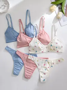 Women's Bra Set & Panty, Single Layer Underwear, No Padding, Buckleless Design, Adjustable Straps, Full Coverage, Wireless, Cute Style, Fit, Lightweight, Print, Underwear Sets