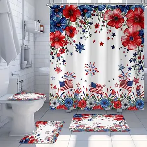4 PC Independence Day bathroom set featuring shower curtain and floor mats decorated with American flags and fireworks, perfect for home decoration and bathroom renovation, Bathroom Accessory, Bathroom Decoration Accessories