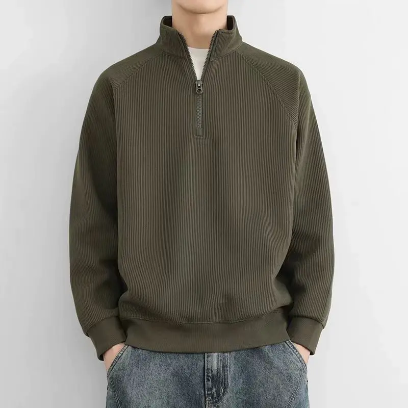 Men's Fashionable Thickened Fleece Quarter-Zip Pullover Solid Color Long Sleeve T-Shirt with Stand Collar, Suitable for Autumn and Winter Daily Life and Workwear