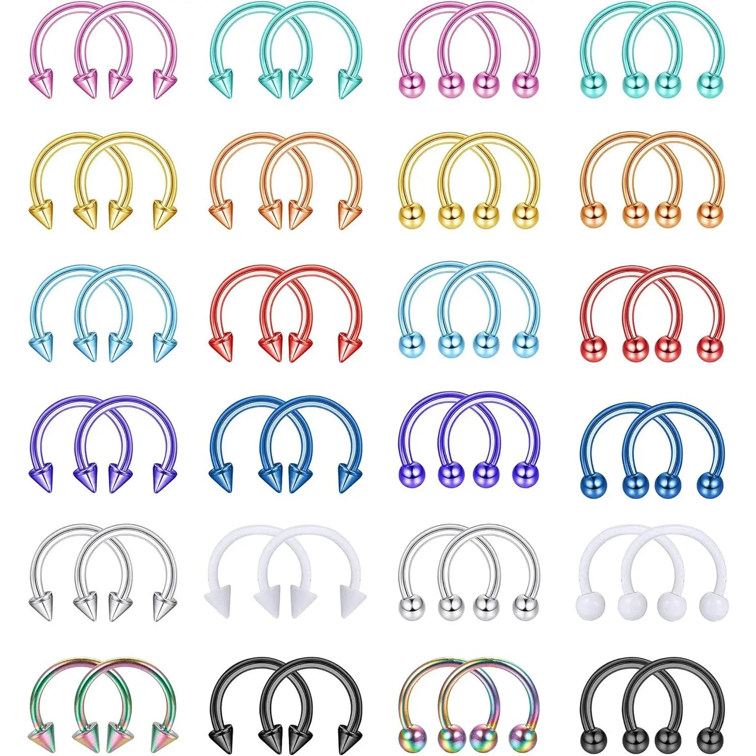 FLORIDECO 48Pcs 16G Surgical Steel Body Piercing Jewelry - Hinged Nose Hoop with Balls/Spikes, Clicker Septum Ring, Corrosion-Resistant Unisex Daily Wear for Nose, Cartilage Piercings (6mm-12mm Sizes), Nose Piercings Nose Disc