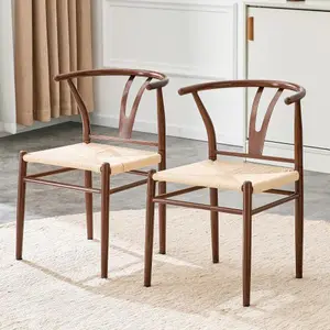 Bellemave Wesborn Y-Shaped Medieval Style Dining Armchair Set of 2 - Ergonomic Support, Fixed Arms, 4-Leg, Industrial, Lightweight Durable - Ironwork + Natural Rope Woven Seat, Ergonomic Support Armchairs, Fixed Arms Armchairs