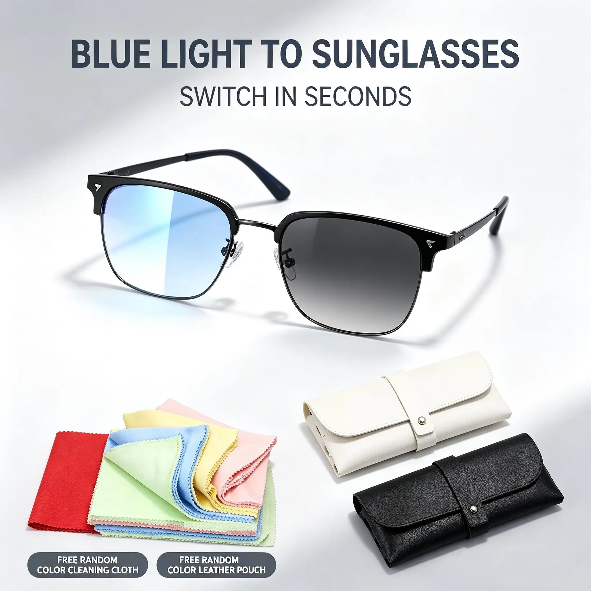 Men's 2-in-1 Photochromic Semi-Rim Square Eyeglasses - Blue Light Blocking Indoor-Outdoor Glasses, Auto-Darken UV-Shielding Sunglasses with Free Leather Case & Lens Cloth