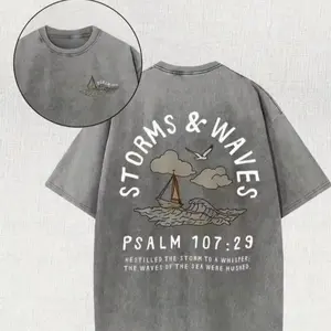 Women's Psalm 107:29 Bible Verse Faith Print T-Shirt - Vintage Washed Retro Classic, Soft Heavyweight Cotton, Short-Sleeve Round Neck, Oversized Streetwear Top for Daily & Faith Outfits summerwins,summerwins,summeroutfits,vacationoutfits,beachoutfits
