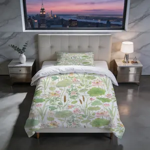 2/3 Piece Watercolor Lotus Pond Duvet Cover Set, HD Digital Printed Comforter Cover, Soft Breathable Bedding Set with Zipper Closure for Bedroom Home Decor (NoInsert)