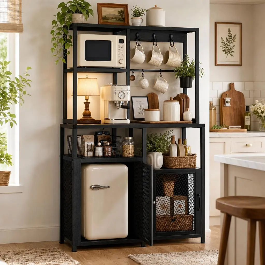 5-Tier Metal High-Strength Minimalist Storage Baker's Rack - Kitchen Microwave Stand with Mini Fridge Space, Coffee Bar Storage Shelf & Hanging Hooks for Apartment, Office, Metal Baker's Racks, Storage Baker's Racks