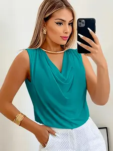 Women's Sleeveless Cowl Neck Tank Top 2025, V Neck Draped Casual Blouse, Elegant Office Workwear, Trendy Daily Wear, Chic Streetwear, Versatile for Brunch, Date Night, Vacation, Business Casual, Layering Top, Women's Teal All-Match Dressy Casual Sleeveles
