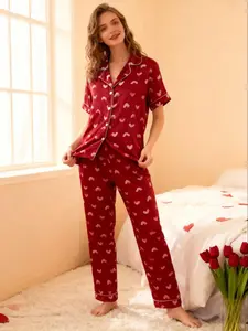 Valentine's Day Women's Lapel Sleepwear Set, Heart Print Pattern Short Sleeve Top & Long Pants, Comfortable Night Home Wear Gift Choice, Pajama Set, Pjs, Homewear