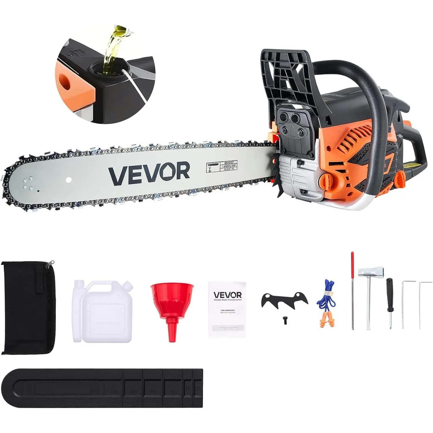 【Summerfinds】VEVOR 20-in Gas-Powered Chainsaw with Saw Blades, 62CC 3.8 HP 2-Stroke Engine, Non-Slip Handle, Dual Fuel Tanks, Tool Box Kit for Wood Cutting, Tree Trimming Gas Pole Saw Tool Box Tool Kit