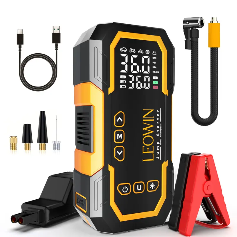 Jump Starter with Air Compressor, Battery Jumper Starter Portable(9.0 Gas/6.5L Diesel) with Tire Inflator, 12V Car Battery Jump Starter with Smart Jumper Cables, LED Light, LCD Display, Car Accessories Tools
