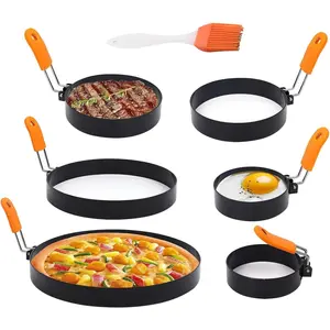 6 Packs Professional Pancake Ring Set,3" Omelette Ring,4" Non-stick Griddle Pancake Shapers with Oil Brush,6" Stainless Fried Egg Molds with Orange Anti-scald  Handle,8" Pancake Molds