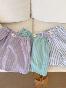 Women's Letter Patched Striped Print Woven High Waist Straight Leg Shorts, Casual Quality and Durability Comfy Elastic Waist Shorts for Summer, Fashion Women's Bottoms for Daily Wear