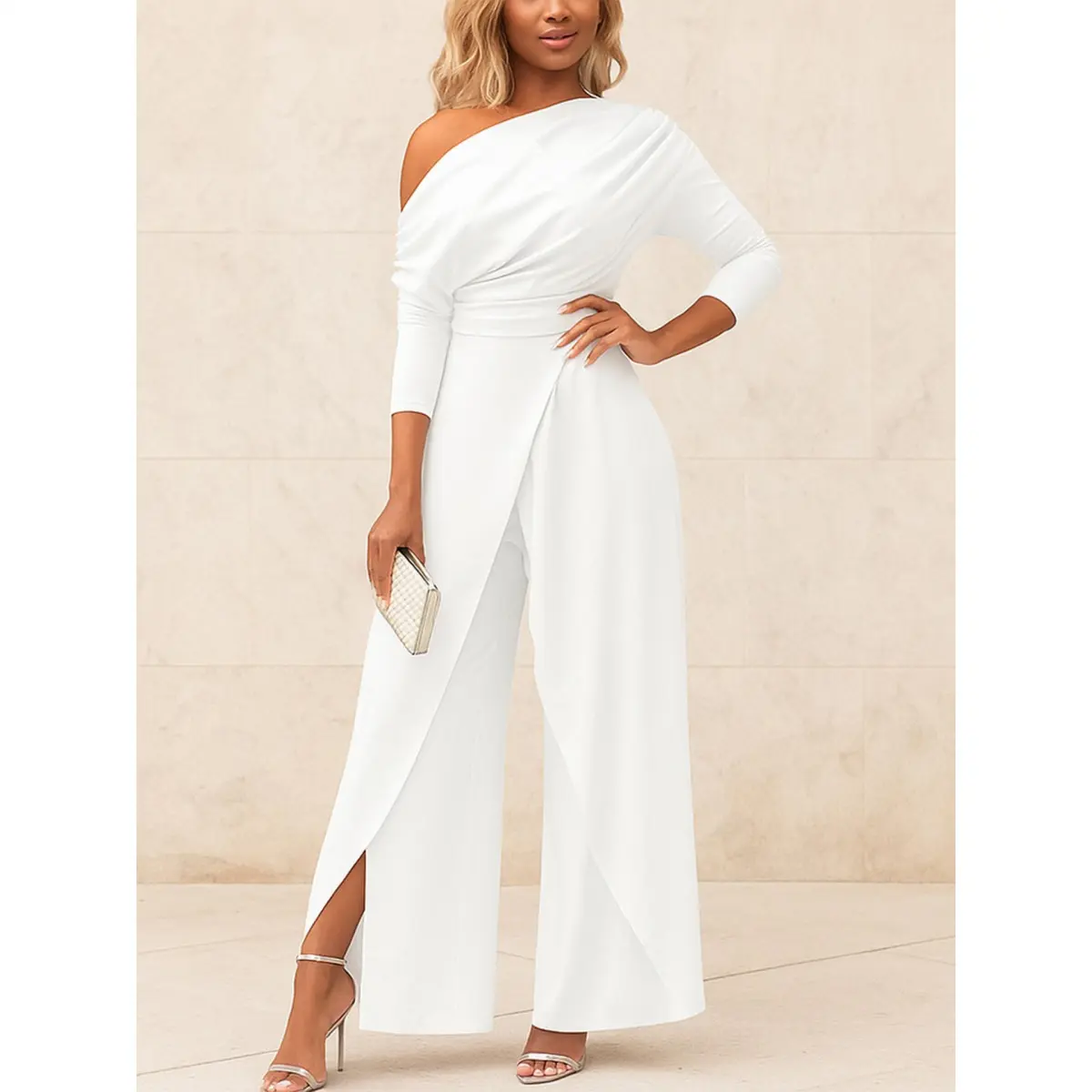 Women's Elegant Cotton Jumpsuit, Minimalist Asymmetrical Off-the-Shoulder Style with Ruched Wrap Bodice, 3/4 Sleeves and Wide Split Hem Legs