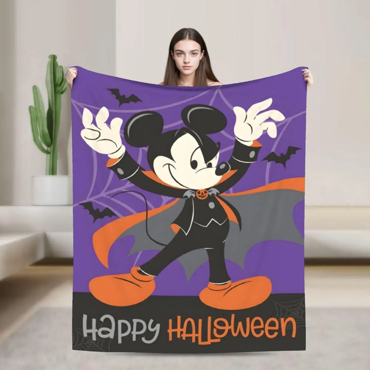 [SummerVibes] DISNEY CLASSIC Halloween Vampire Mickey Flannel Blanket - Soft, Warm, Spider web, Bat Cartoon Design, Sofa, Bed, Office, Blanket for Couch, Halloween Decorations