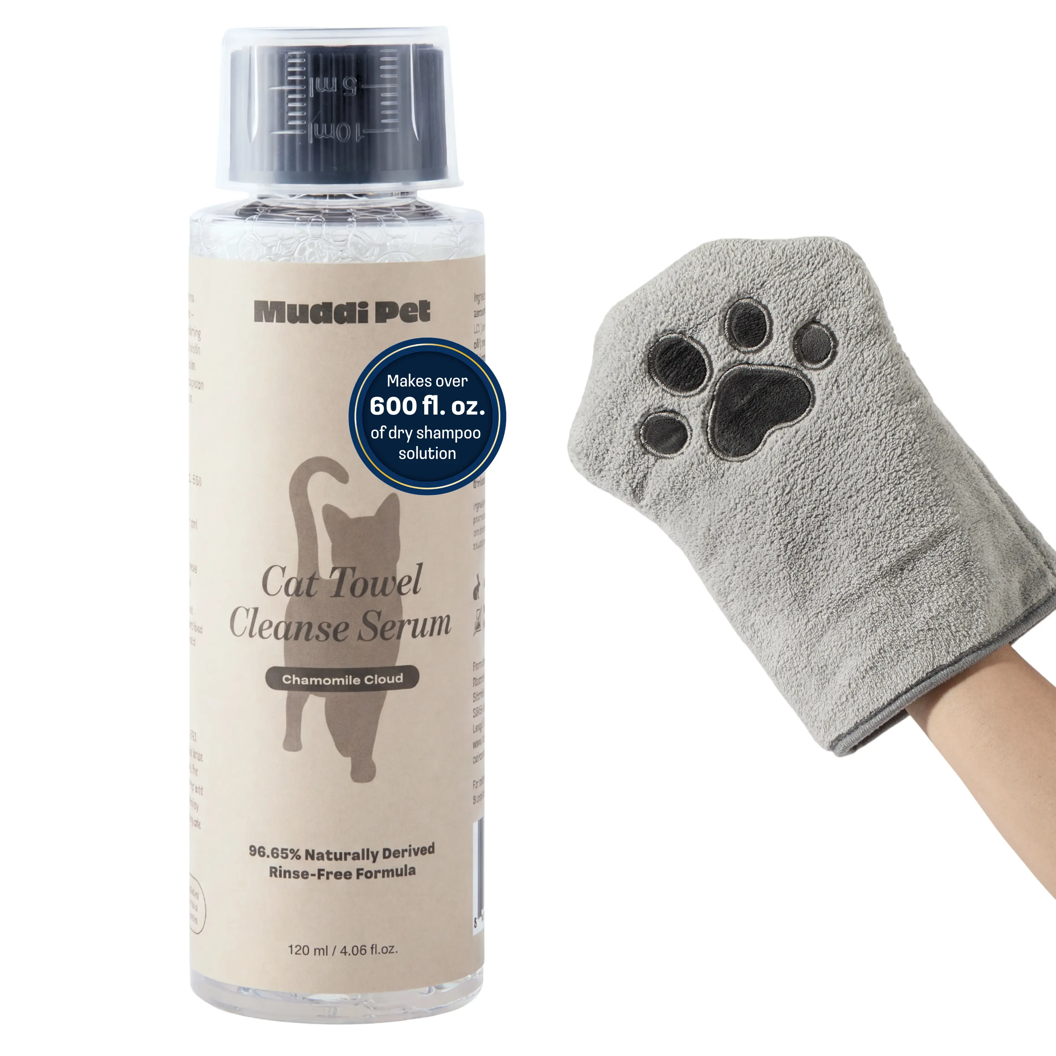 Muddi Pet Cat Concentrated Leave-In Cleanse Serum | Makes 24 Bottles DIY Dry Shampoo Spray, Rinse-Free Sponge Bath for Cats with Sensitive Skin | Natural Itch & Stress Relief, Hydrating Deodorizing Grooming Liquid, 98.65% Naturally Derived