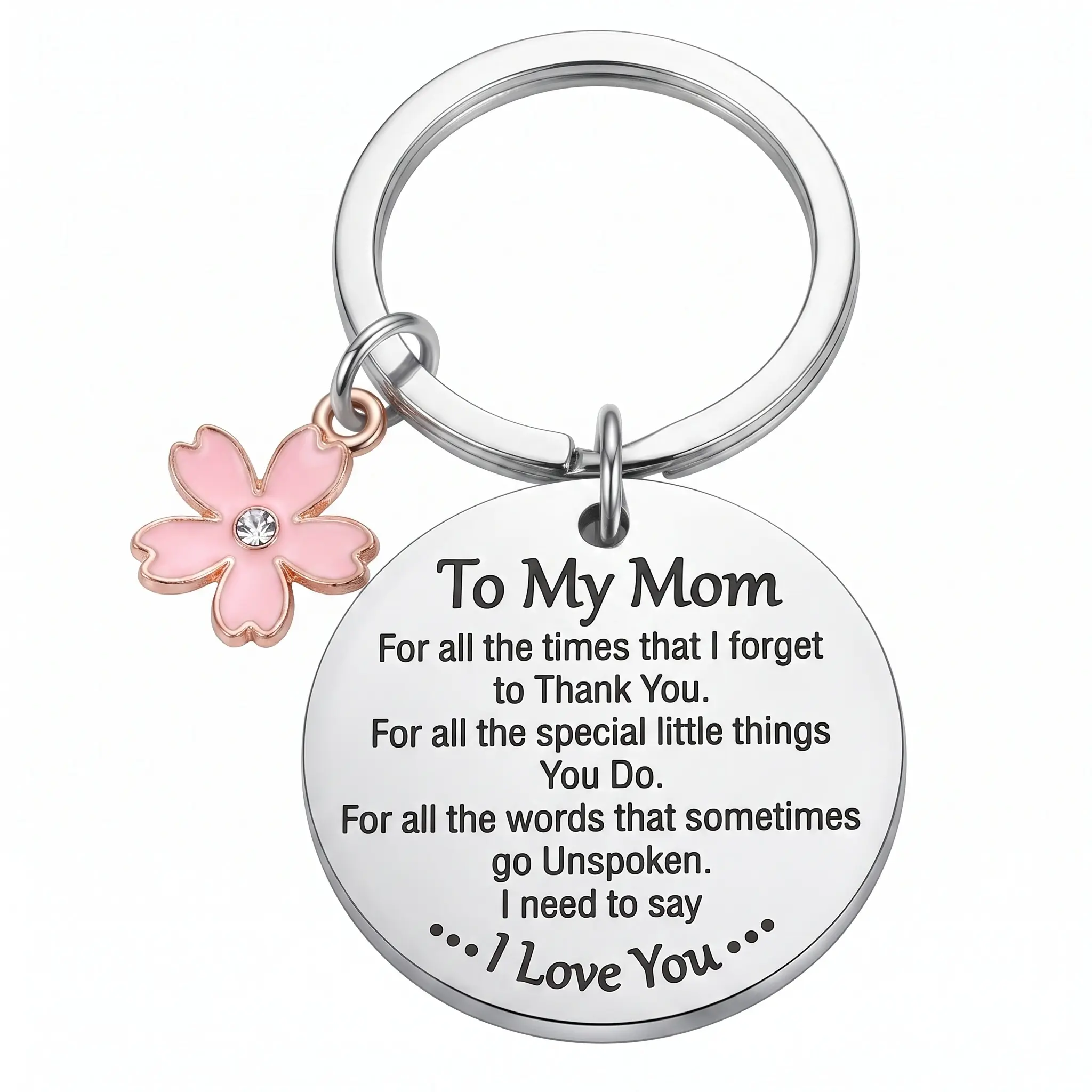 Women's Cute Metallic Silver-Tone Engraved Keychain, Floral Cherry Blossom Rhinestones Decor Key Ring, Mother's Day Gifts for Mom, Keychain Cute, Casual, Keychain Pendant, Birthday