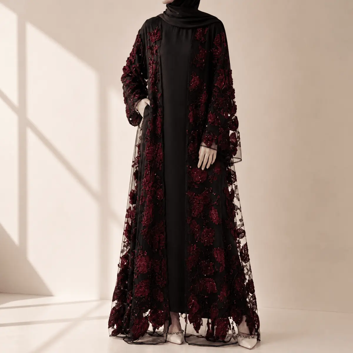 Women's Islamic Luxury Couture Open Abaya with 3D Floral Embellishments - Modest Fashion Inspo (MOA300), Islamic Modesty Clothes, Open Front Abaya, Muslim Abaya