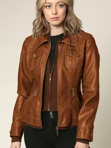 WJC664 Women's Faux Leather Motorcycle Jacket with Hoodie