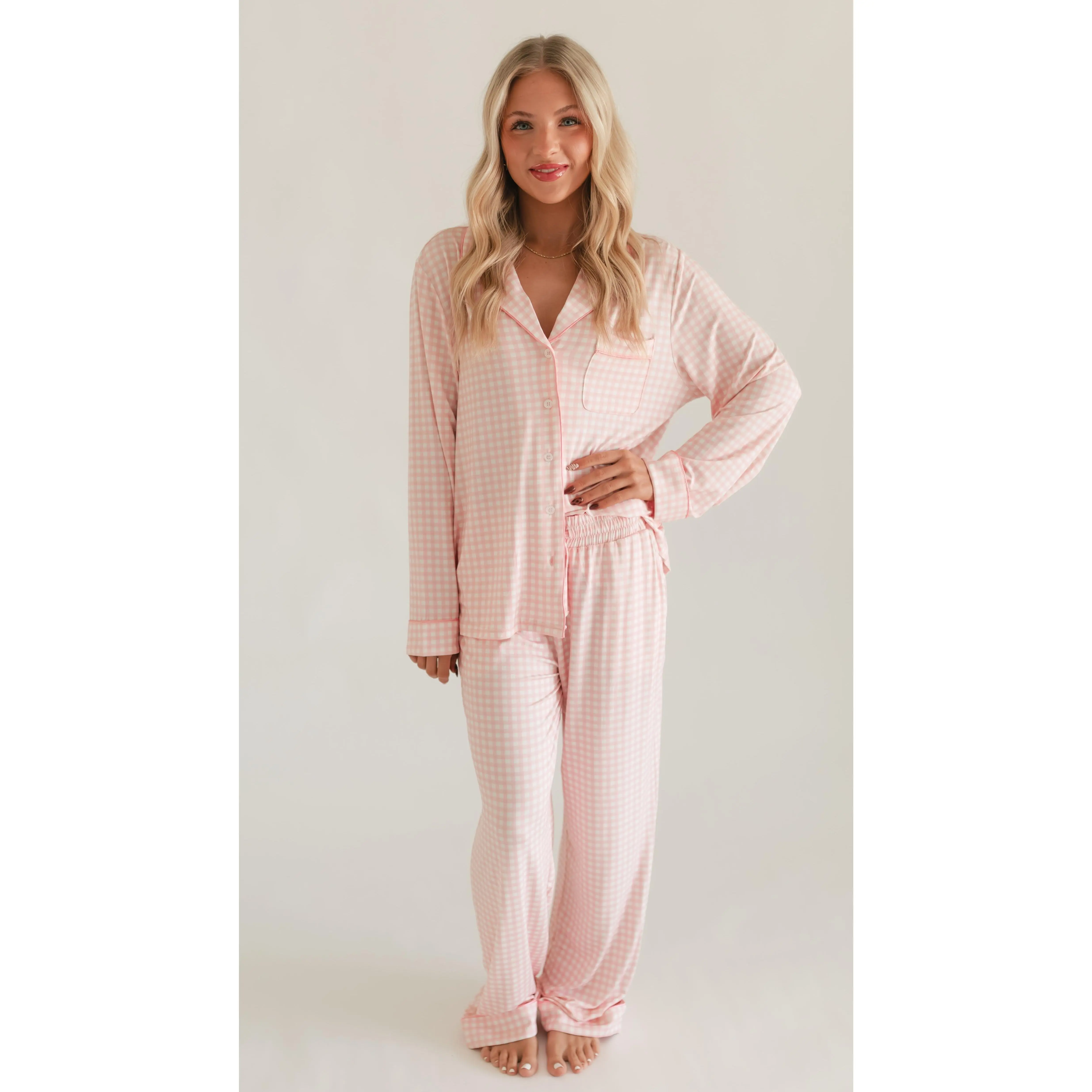 Women's Button Up Set In Pink Gingham