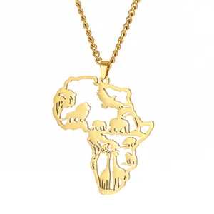 Women’s African Map Necklace - Gold/Silver Tone Stainless Steel Lion Elephant Giraffe Animal Pendant Necklace with 24"+2" Chain for Travel Lovers and Culture Enthusiasts