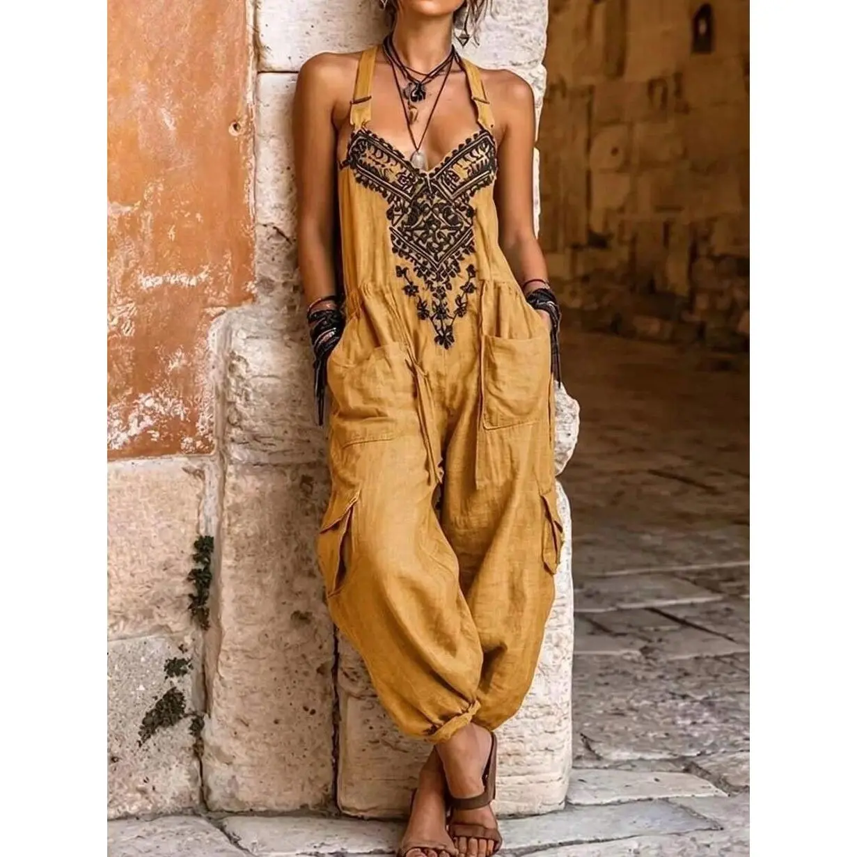 Boho Embroidered V-Neck Jumpsuit, Loose Sleeveless Cargo Overalls With Pockets, Casual Summer Vacation Outfit