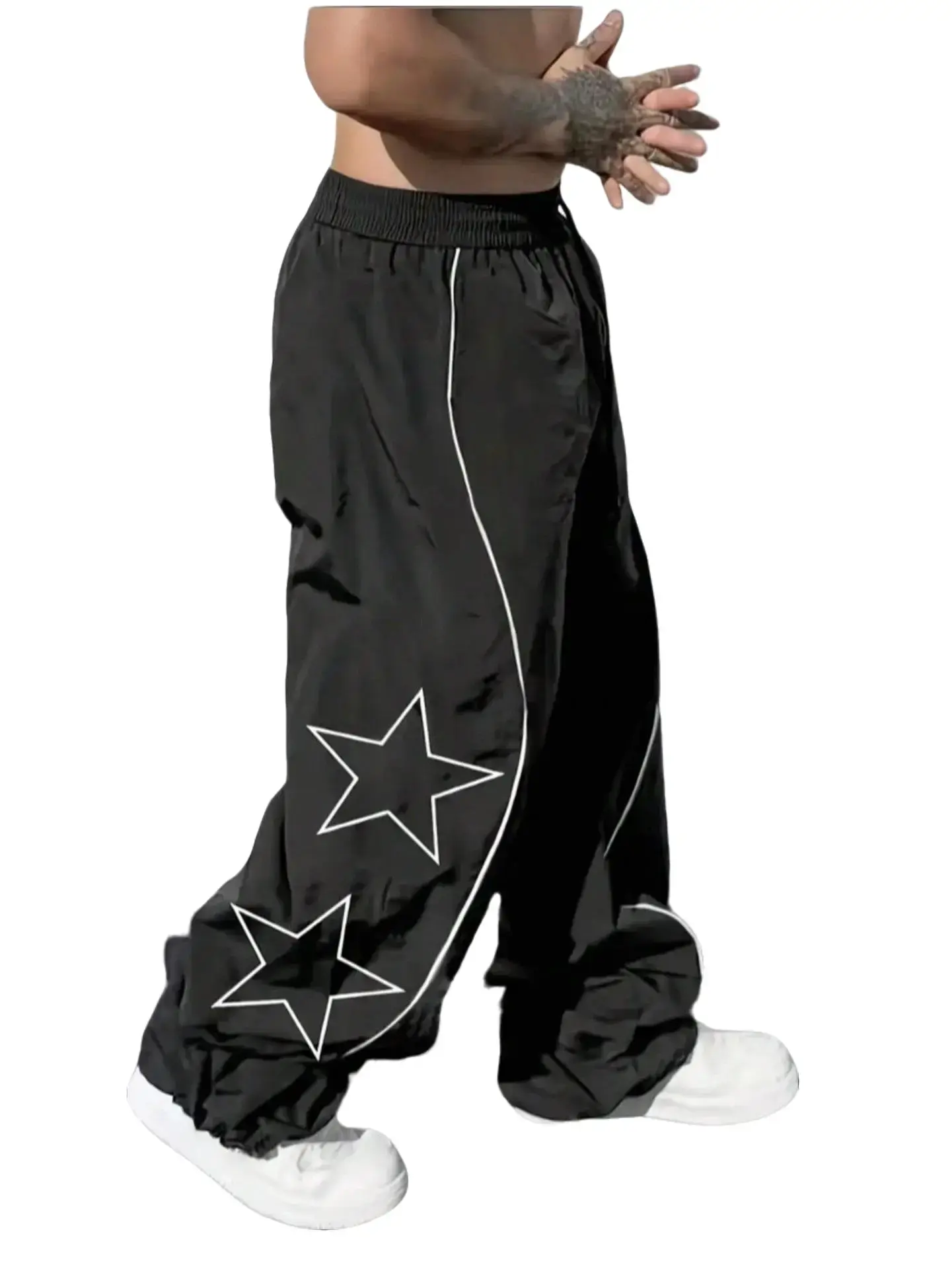 Y2K Loose Street Style Men’s Pants  Fashionable casual long pants featuring a white stripe design and a comfortable elastic waistband; loose fit suitable for everyday wear