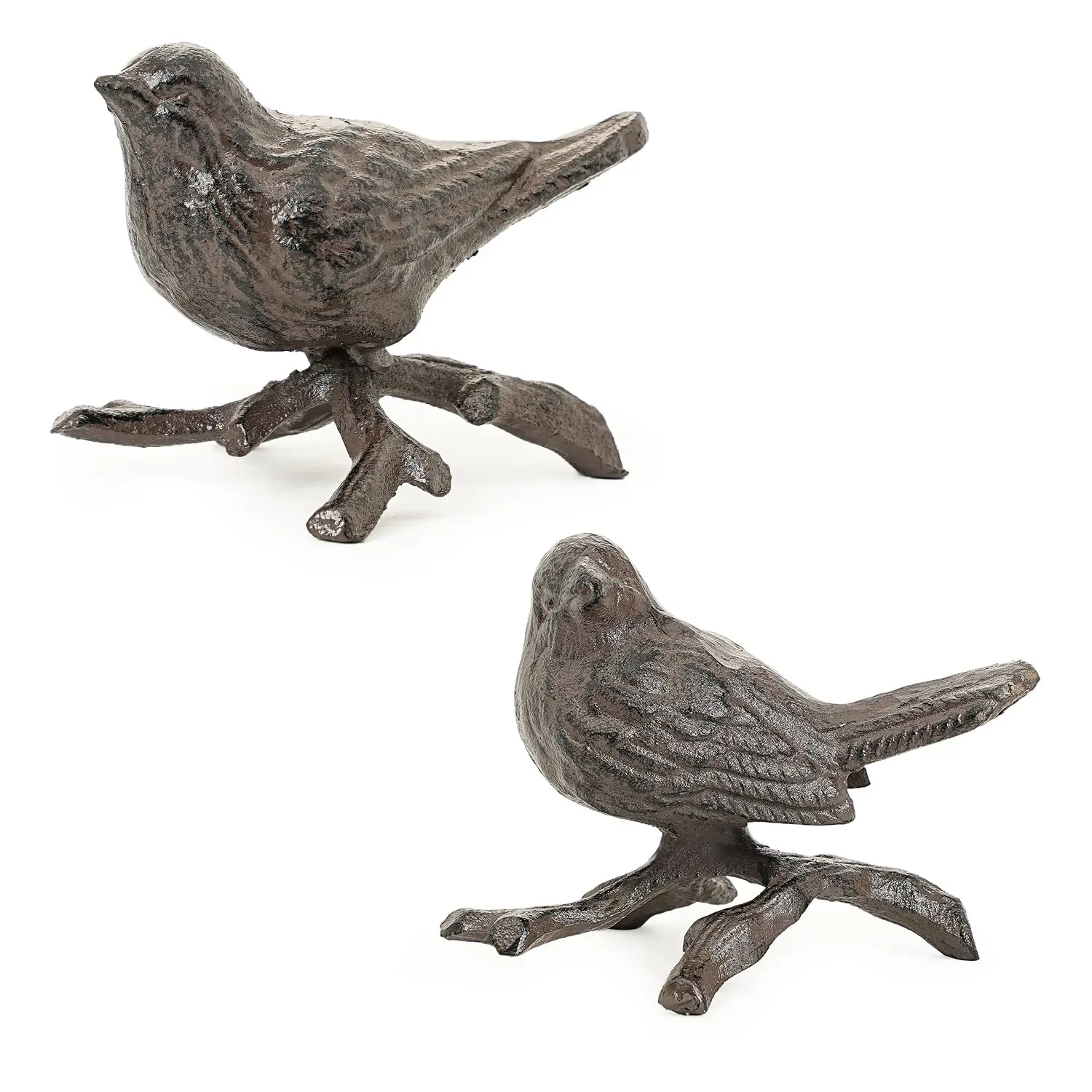 Sungmor 2-Piece Cast Iron Small Bird Shape Collectible Doll and Figurine Set with Branch, Home Rustic Farmhouse Decor, Both Indoor/Outdoor Garden Ornaments