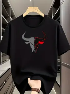 2026 Men's Power Symbol Tee Bold Red & Grey Bull Head Casual Shirt Breathable Crewneck Spring Summer New Arrival Comfortable Fit