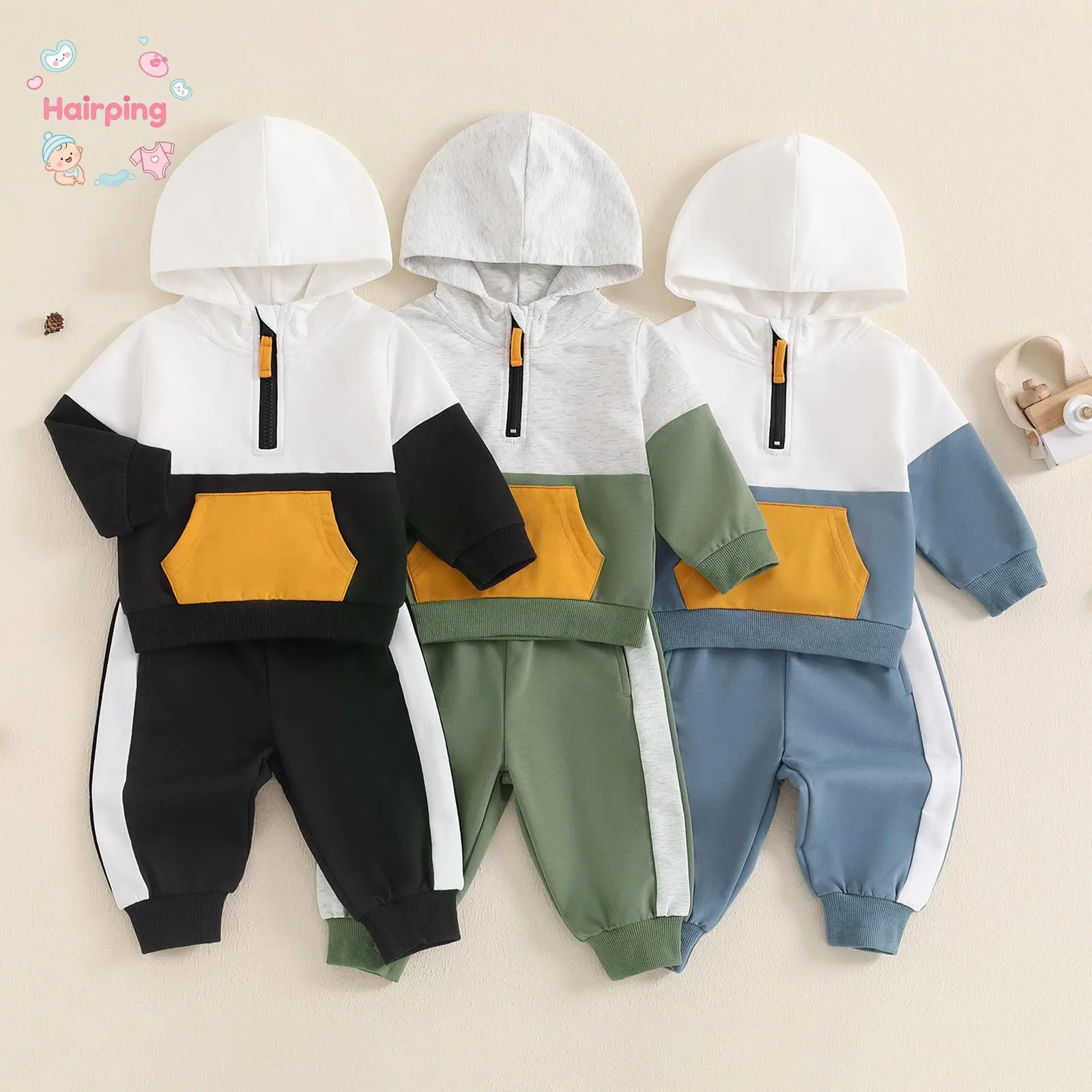 Toddler Baby 2-Piece Color Block Hoodie Tracksuit Set - Elastane Half-Zip Long Sleeve Sweatshirt with Contrast Pocket, Striped Pants, Casual Outfit for Birthday, Sleeping, Family Reunion Holiday Use, Warm And Cozy