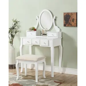 [SOIYELIFE] Ashley Wood Make-Up Vanity Table and Stool Set, White,Unique furniture