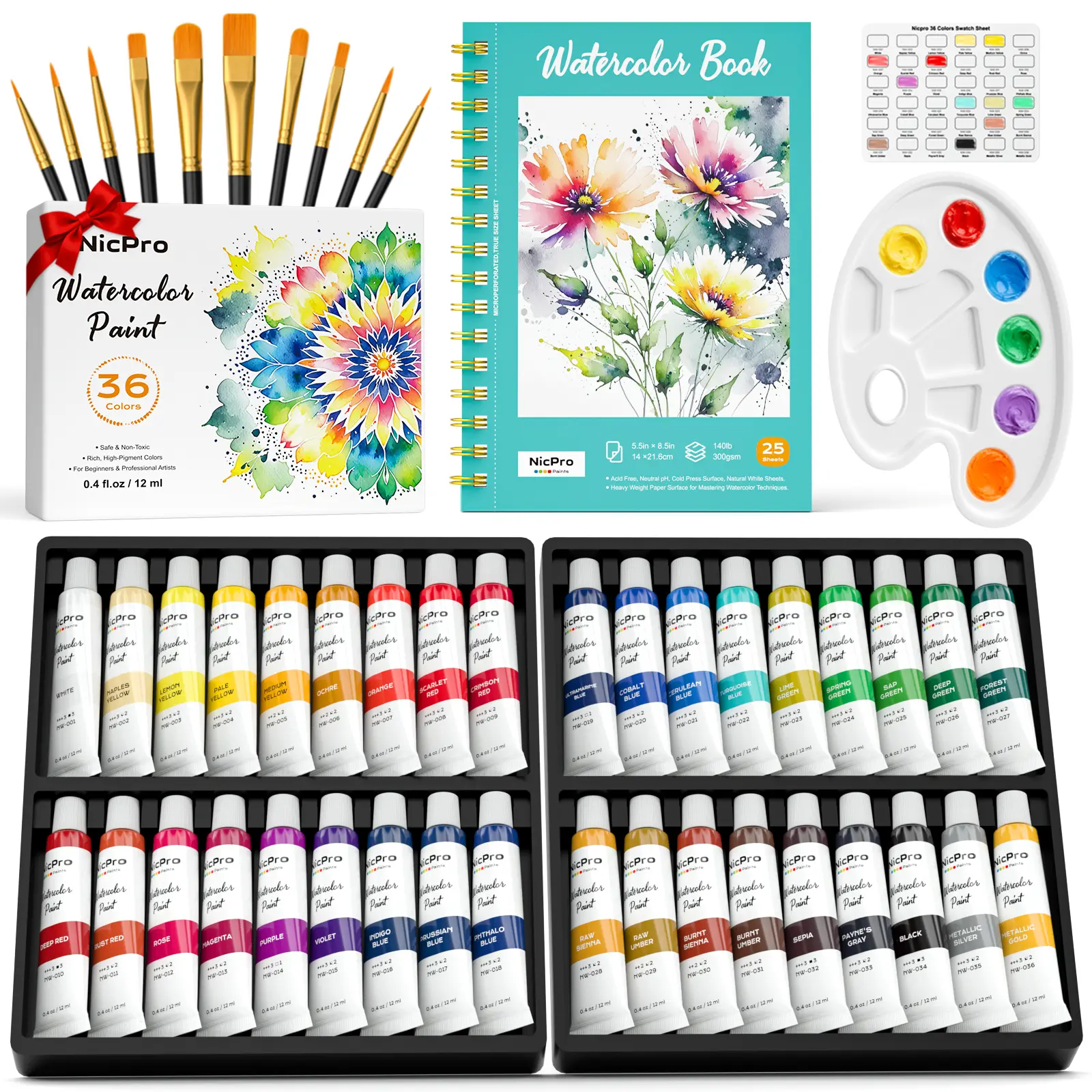 Nicpro 36-Color Watercolor Paint Set for Art Beginners - 12ml (0.4oz) High-Quality Tubes, 10 Brushes, 25-Sheet Paper Book, Palette - Versatile Office Stationery Gift for Adults