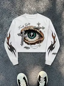 American Street Style Graphic Print Sweatshirt, Unisex Round Neck Long Sleeve Crop Top, Trendy Casual Fashion for Fall & Winter