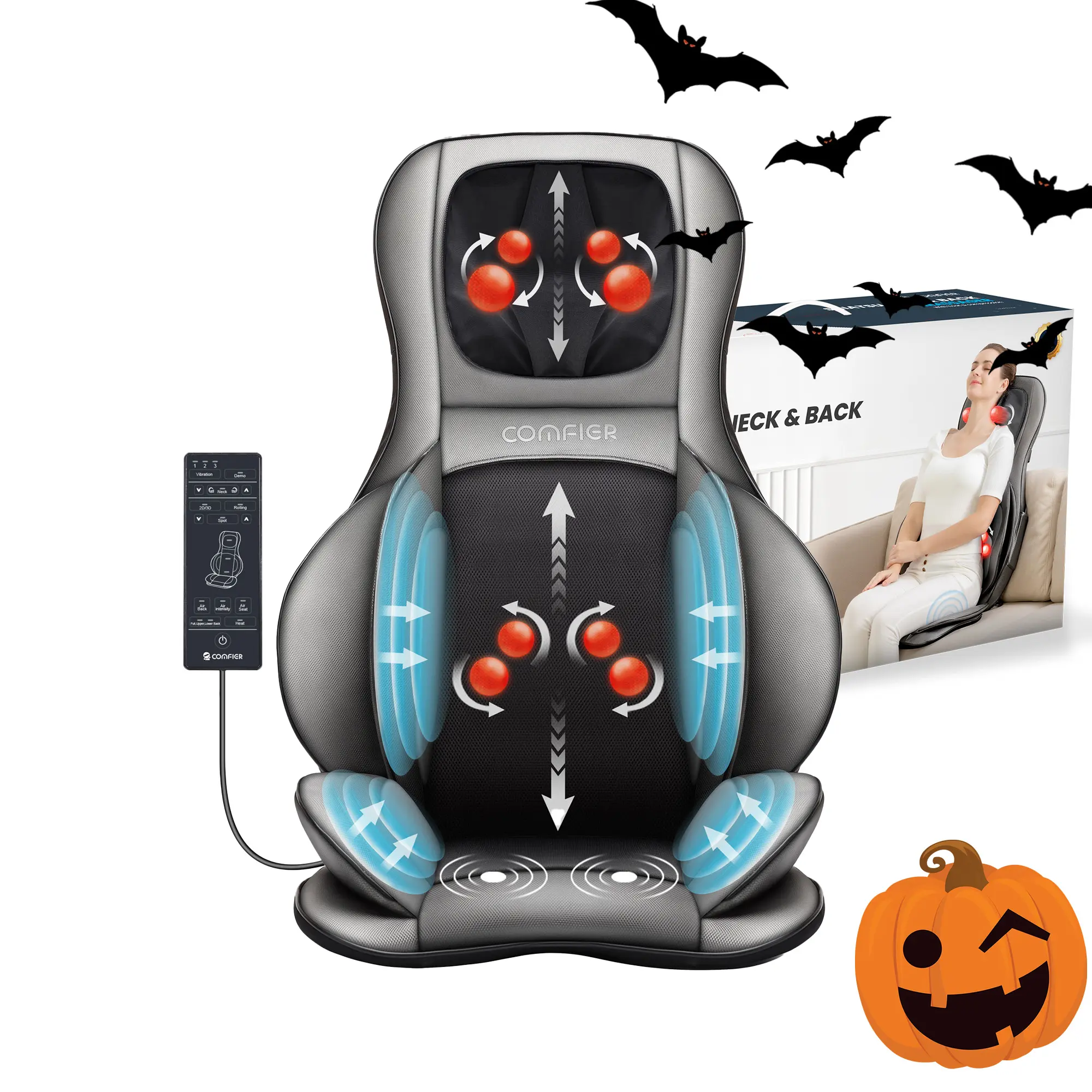 COMFIER Polyester Neck and Back Massage Cushion - Self Care Gadgets, 4-Node Neck Knead, Adjustable 2D/3D Finger Press Kneading, Heatable, 3 Intensities Vibration Massage, Air Compression, 36W Power, Father’s Day Gift