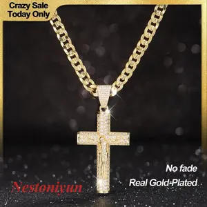 Nestoniyun Plated Cuban Figaro Miami Cross Necklace with Jesus Christ Crucifix, 24in Long, 6mm Wide, Handcrafted Polished, Multi-Electroplated, Fashionable Jewelry Accessories, Modern Versatile Accessories, Jewelry Gift for Daily Wear