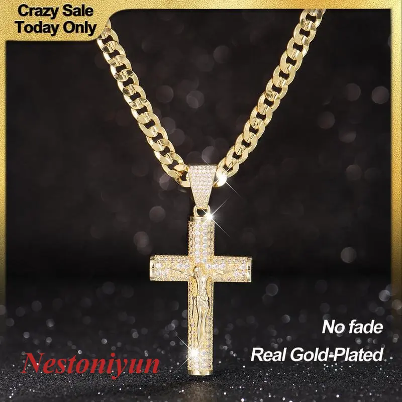 Nestoniyun Plated Cuban-Figaro-Miami Cross Necklace with Jesus Christ Crucifix, 24in Long, 6mm Wide, Handcrafted Polished, Multi-Electroplated, Faith-Based Fashion Accessory, Jewelry Gift for Daily Wear, Fashionable Jewelry Accessories