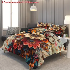 3-piece Bohemian Retro Floral Quilt Set (1 Quilt + 2 Pillowcases without Pillow Inserts), with U-shaped quilting, contains 200gsm filling, Breathable fabric, suitable for all seasons, breathable, skin-friendly, soft, durable, and machine-washable