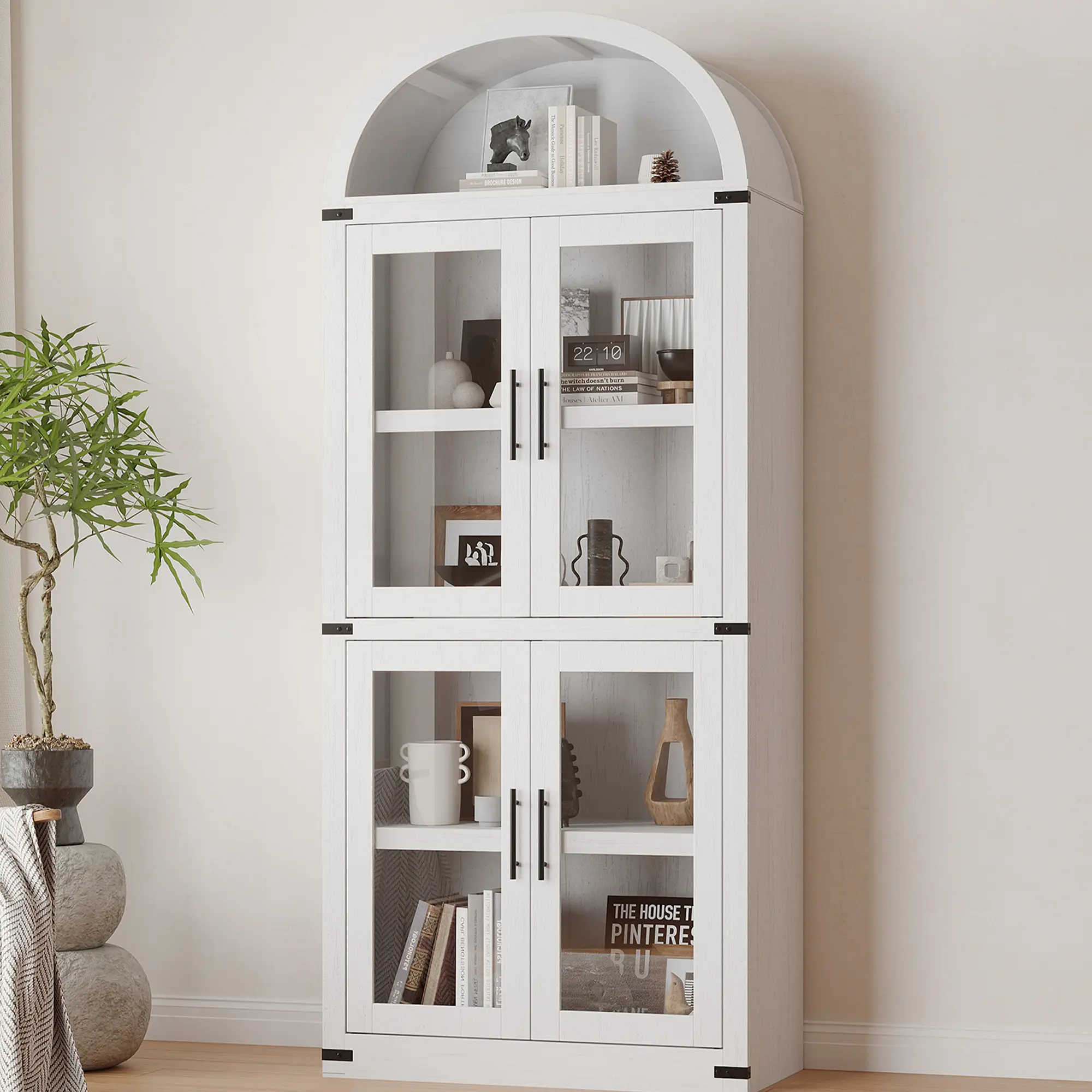 Arched Glass Door Tall Bookcase Cabinet - 4-Tier Slim Modern Farmhouse Office Furniture, Freestanding Narrow Storage Organizer for Living Room Home Library, Rustic White & Black with Extended Storage Solutions for Small Room Ideas Kitchen Pantry, 29.92''