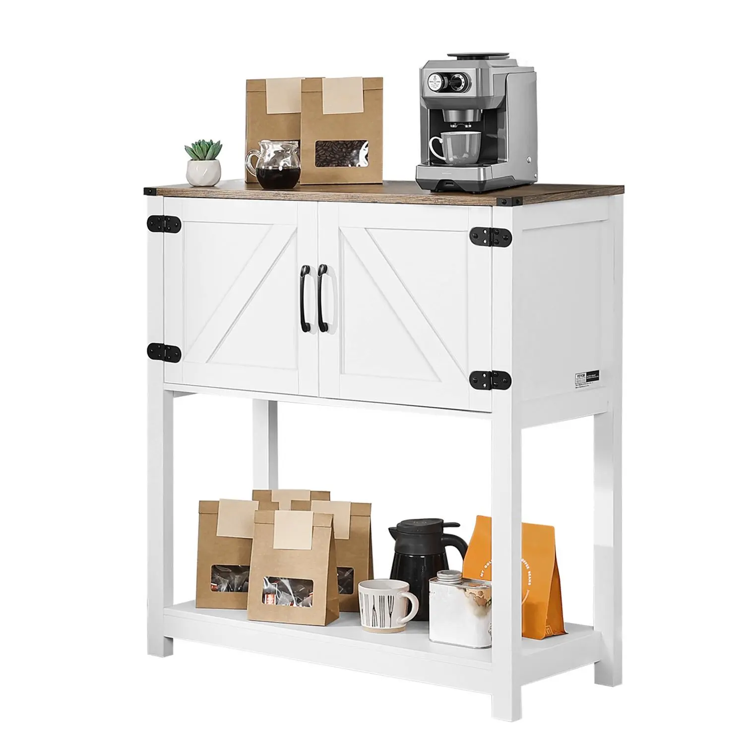 【Father's Day Gift Idea】VEVOR 3-Tier Farmhouse Design Coffee Bar Station Table - Particle Board Wood Grain, Toaster-Compatible, Space-Saving Indoor Buffet Cabinet with Magnetic Doors, Brown White Storage Organizer for Tea Bags