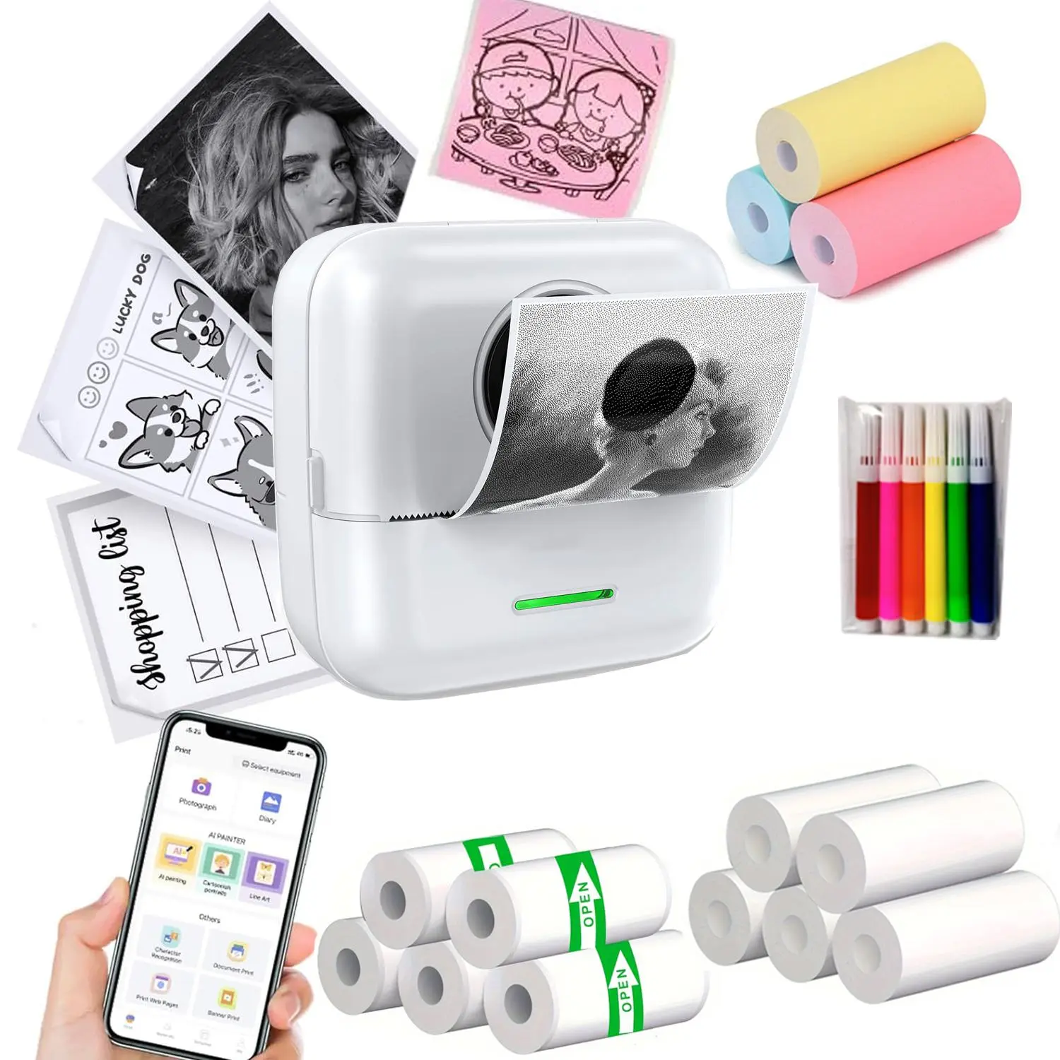 Portable Thermal Printer with Printer Paper & Marker & Sticker, Portable Handheld Printer, 1 Set Mini Portable Thermal Bluetooth-compatible Printer, Thermal Wireless Printer, Office Supplies, Thermal Label Maker, Inkless Printer