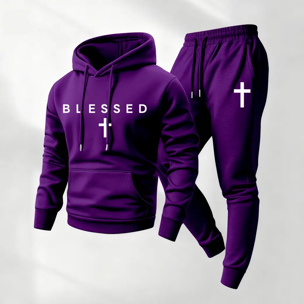 Men's Blessed Printed Hoodie and Drawstring Sweatpants Set, Menswear, Casual Athletic Long Sleeve Hooded Jacket & Trousers for Fall & Winter, Men's Clothing for Daily Wear, Sportswear Indoor Outdoor, Tracksuit, Athleisure Summer Clothes2