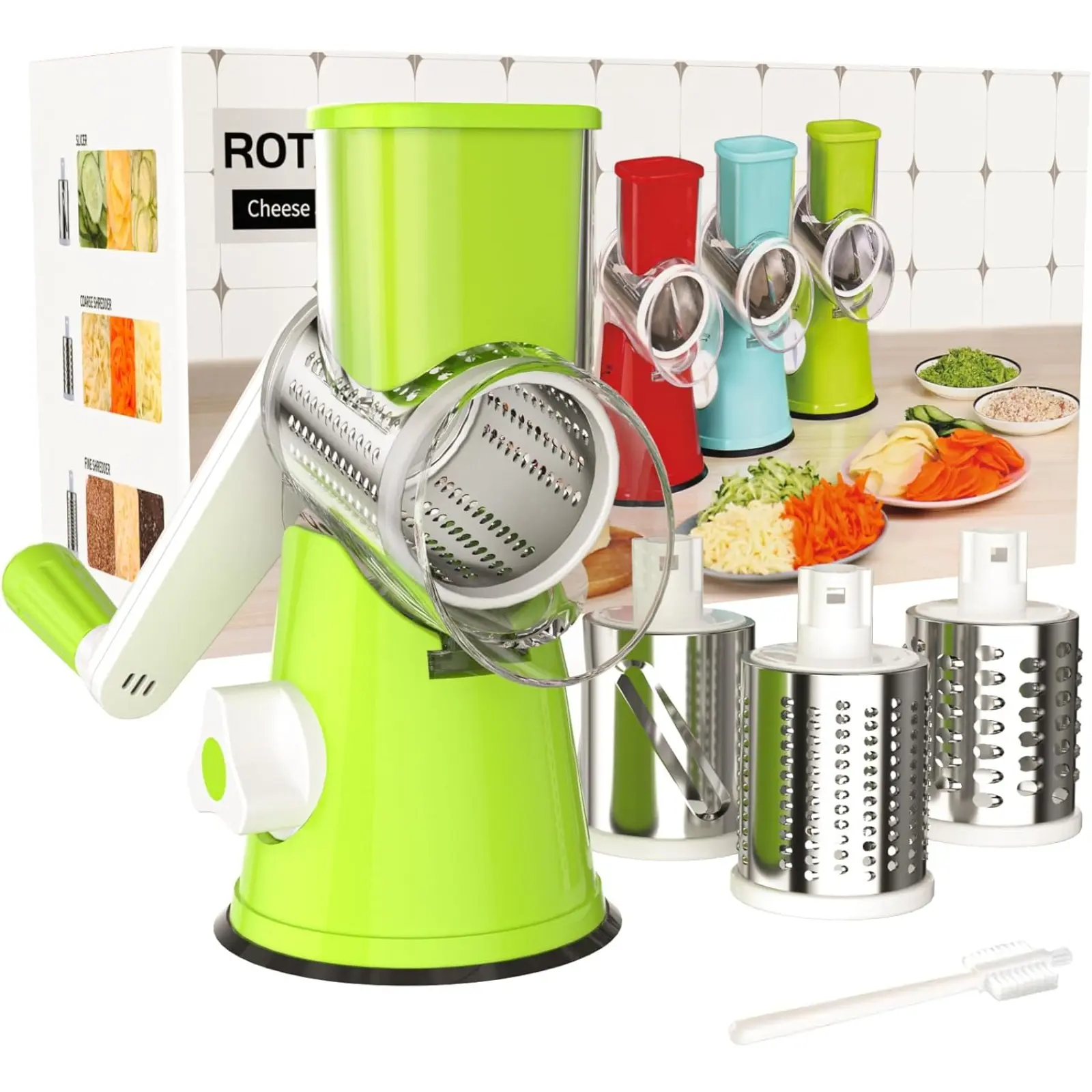 MIUVA Green Rotary Cheese Grater - Kitchen Plastic Utensils with Stainless Steel Blades, Non-slip Suction Base, Free Cleaning Brush, BPA-Free, Ideal for Cheddar, Parmesan, Vegetable Cutter Use, Thanksgiving Christmas Gift