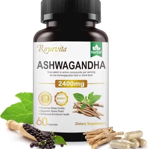 Royavita Ashwagandha Supplements 2400mg Organic with Black Pepper Vitamin B12 & B6 for Max Absorption Stress Relief Athletic Performance 60 Capsules Fitness Edible Dietary