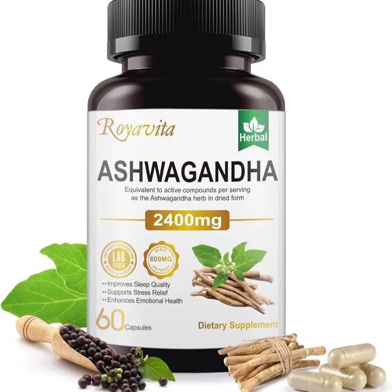 Royavita Organic Ashwagandha Herbal Anxiety Multi-Dose Capsules Vitamins Supplements, 2400mg with Black Pepper, Vitamin B12 & B6 for Max Absorption, Natural Stress Aid, 60 Dietary Fitness Capsules