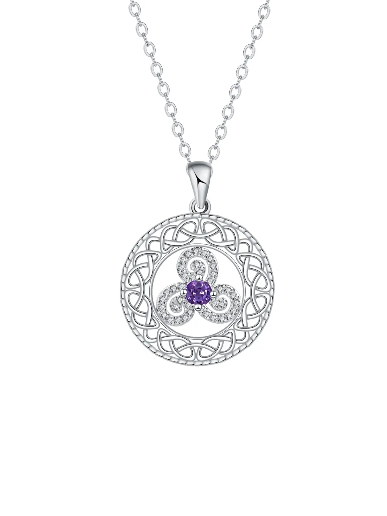 Keltic Necklace Silver Color Irish Keltic Knot Pendant Necklace, Good Luck Necklace with Birthstone Crystal Round Pendant