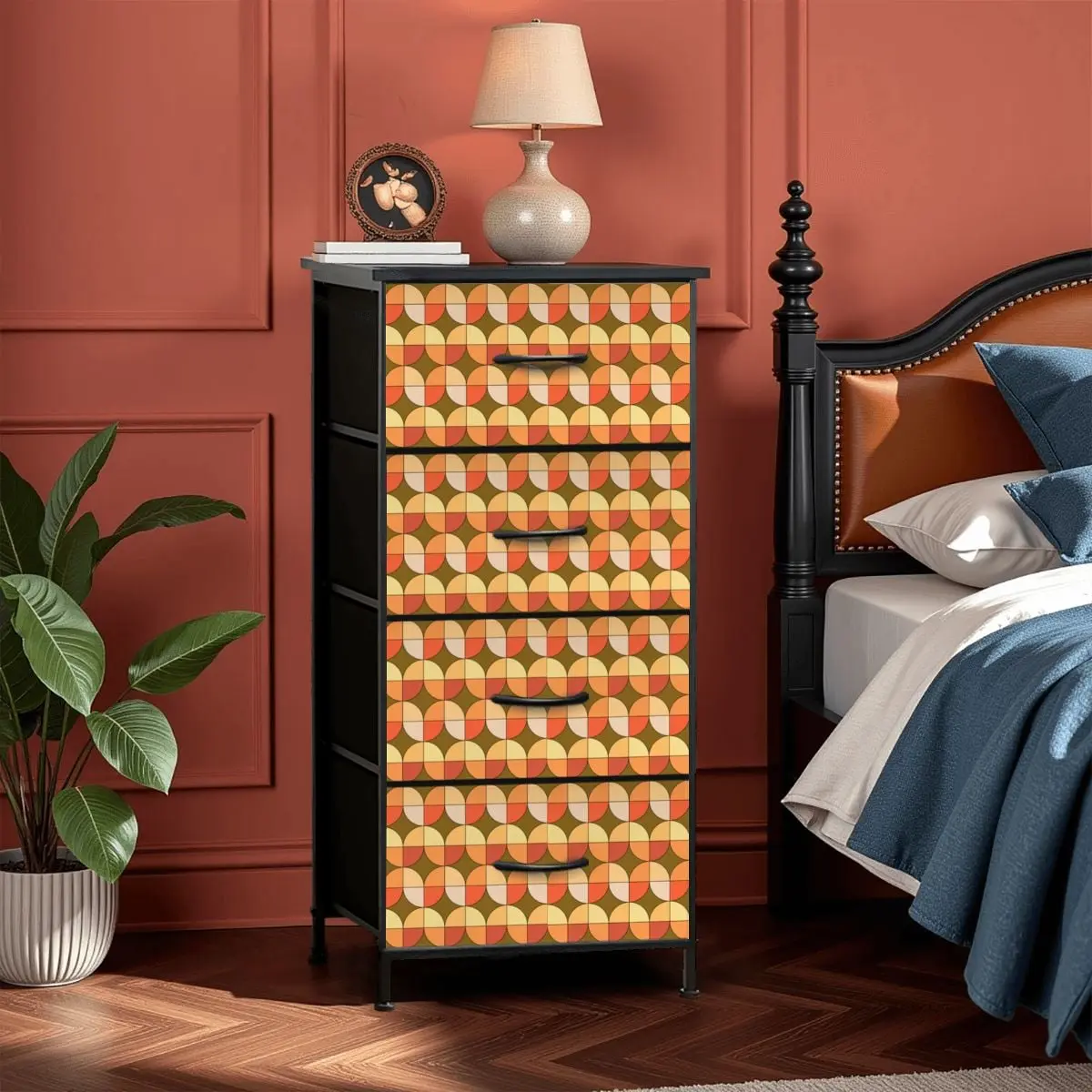 Scandinavian Designed Geometric Orange Brown Golden Yellow 4-Drawer Dresser