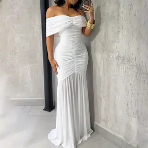 ChicMe Women's White Graduation Dress - Slim Fit Off Shoulder Evening Dress Bump Friendly Ruched Mermaid Hem Maxi Dress for Wedding Guest, Formal Event & Special Occasion