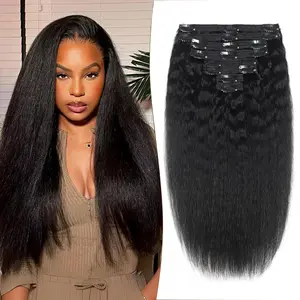 Kinky Straight Clip ins: Clip in Hair Extensions Real Human Hair Natural Black for Women Remy Kinky Straight Human Hair Clip in Extensions Double Weft Seamless 20 Inch 120g 8pcs