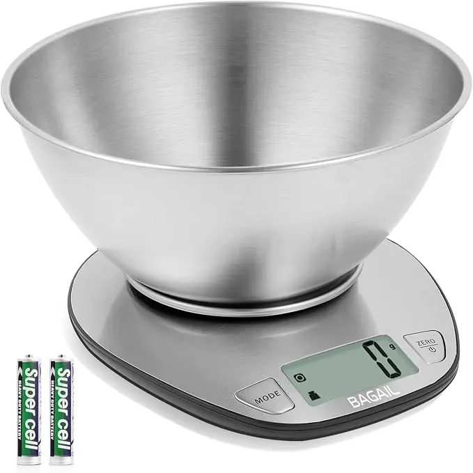 BAGAIL Digital Kitchen Food Scale with Stainless Steel Bowl, 11lb/5kg Capacity, 7 Weight Units, Large Clear Display, for Baking & Cooking Wet/Dry Ingredients, Batteries Included